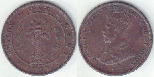 1917 Ceylon 1 Cent A000929
